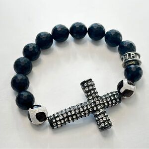 Black Beaded Bracelet with Rhinestone Cross | Whispering Prayer